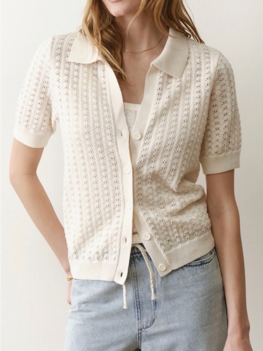 Marine Layer Cream Short-Sleeve Knit Collared Cardigan